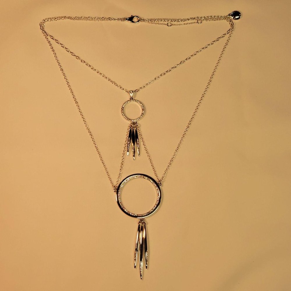 BCBGeneration Layered Circle Silver Necklace w/ rhinestones, Lobster claw clasp - Picture 4 of 9